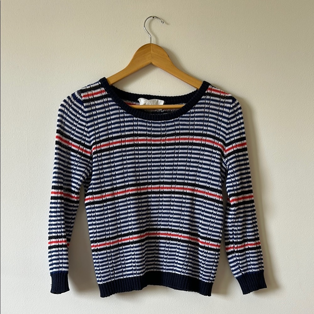 100% Linen Stripe Navy Cropped Crewneck Sweater Cardigan Brand XS